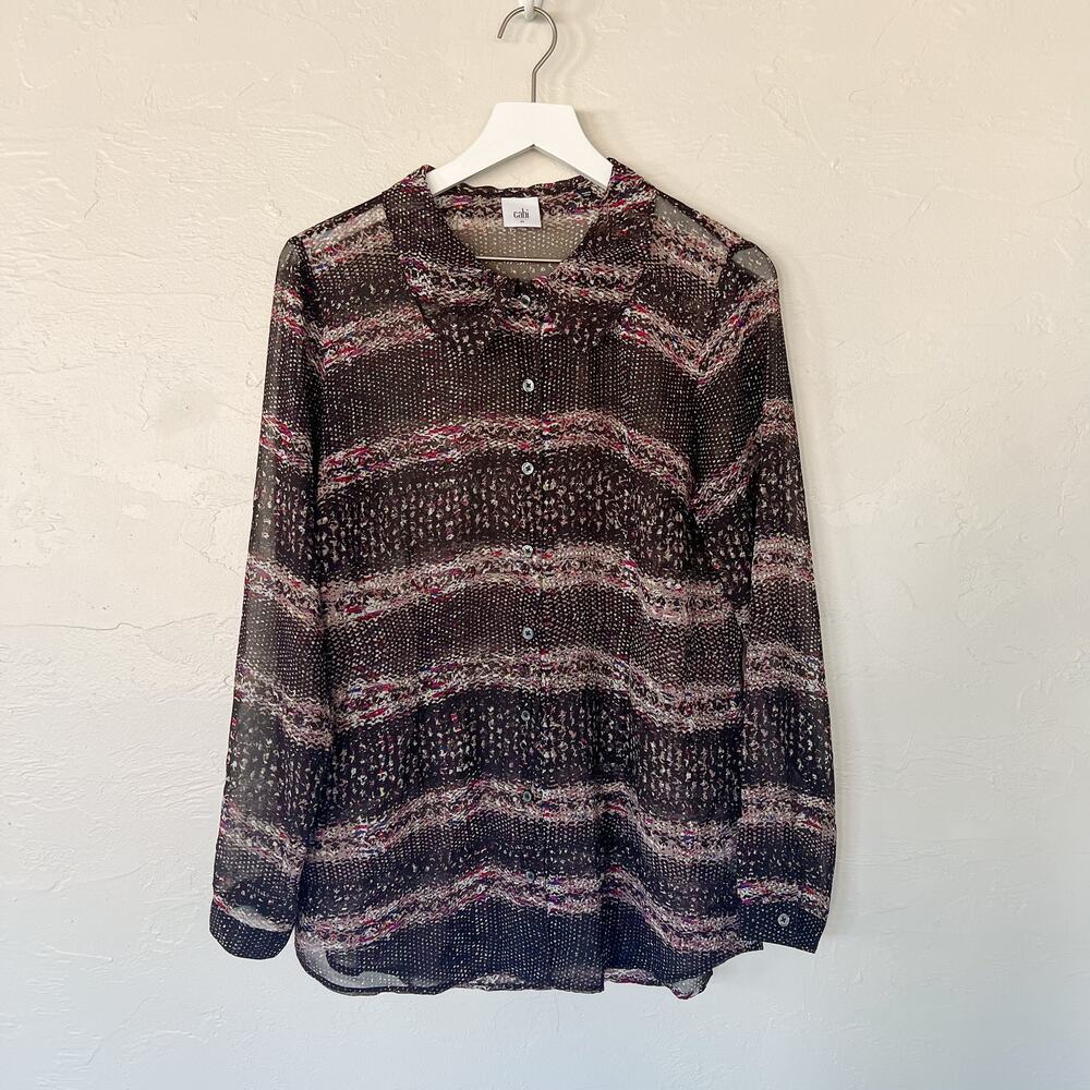 CAbi #3249 Paris Blouse Women’s Medium Black Purple Sheer Button Down